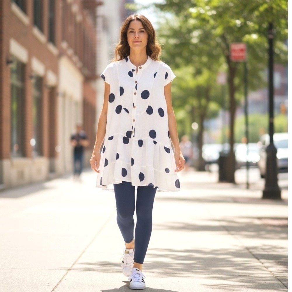 Puro Lino Italy White Navy Polka Dot Linen Tunic Dress Tiered Ruffle Hem Sz L/XL